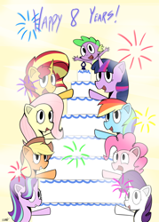 Size: 2000x2800 | Tagged: safe, artist:icywindthepony, character:applejack, character:fluttershy, character:pinkie pie, character:rainbow dash, character:rarity, character:starlight glimmer, character:sunset shimmer, character:twilight sparkle, anniversary, cake, food, happy birthday mlp:fim, mlp fim's eighth anniversary