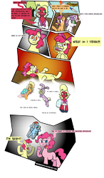 Size: 1741x2991 | Tagged: safe, artist:sneshneeorfa, character:apple bloom, character:applejack, character:big mcintosh, character:pinkie pie, character:rainbow dash, character:scootaloo, character:sweetie belle, fanfic:cupcakes, episode:brotherhooves social, g4, my little pony: friendship is magic, animal costume, applejewel, bunny costume, clothing, comic, costume, crossdressing, insanity, orchard blossom, plane, rocket