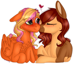 Size: 856x750 | Tagged: safe, artist:sychia, oc, oc only, oc:firelight, oc:honeypot meadow, species:earth pony, species:pegasus, species:pony, beauty mark, blushing, chest fluff, couple, cute, eyes closed, female, freckles, heart, kissing, lesbian, oc x oc, shipping, signature, simple background, smiling, transparent background