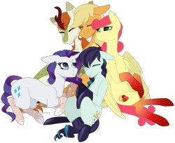 Size: 1595x1299 | Tagged: safe, artist:sychia, character:applejack, character:autumn blaze, character:coloratura, character:rarity, character:strawberry sunrise, species:earth pony, species:kirin, species:pegasus, species:pony, species:unicorn, ship:applerise, ship:autumnjack, ship:rarajack, ship:rarijack, episode:sounds of silence, g4, my little pony: friendship is magic, applejack gets all the mares, autumberry colorarijack, awwtumn blaze, chest fluff, clothing, commission, cuddling, cute, eyes closed, female, floppy ears, freckles, harem, hug, jackabetes, lesbian, mare, one eye closed, polyamory, polygamy, pony pile, rara, rarabetes, raribetes, shipping, signature, simple background, sitting, smiling, socks, stockings, strawwberry sunrise, thigh highs, transparent background, wink