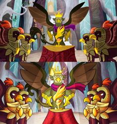 Size: 1937x2053 | Tagged: safe, artist:mandy1412, species:griffon, episode:the lost treasure of griffonstone, g4, my little pony: friendship is magic, armor, clothing, comparison, crown, crown of grover, griffon guard, griffonstone, helmet, idol of boreas, jewelry, king grover, male, regalia, scarf, scene interpretation, spread wings, wings