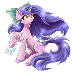Size: 2894x2894 | Tagged: safe, artist:alexbluebird, oc, oc only, oc:avici flower, species:pony, species:unicorn, bandage, bow, ear fluff, female, fluffy, frostinglyladale, hair bow, looking up, mare, simple background, smiling, tail bow, transparent background
