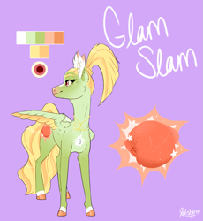 Size: 869x944 | Tagged: safe, artist:qatsby, oc, oc only, oc:glam slam, parent:bulk biceps, parent:tree hugger, parents:bulkhugger, species:pegasus, species:pony, female, long legs, mare, offspring, purple background, reference sheet, signature, simple background, solo