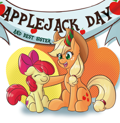 Size: 2699x2774 | Tagged: safe, artist:mandy1412, character:apple bloom, character:applejack, species:earth pony, species:pony, applejack day, clothing, eyes closed, female, filly, hat, mare, party hat, sisters