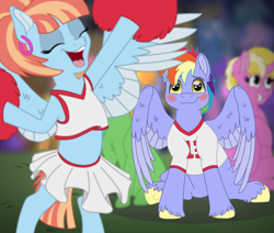 Size: 10296x8750 | Tagged: safe, artist:faitheverlasting, character:bow hothoof, character:windy whistles, species:pony, ship:windyhoof, absurd resolution, background pony, blushing, cheerleader, cheerleader outfit, clothing, cute, female, high school, jersey, male, midriff, pep rally, shipping, straight, younger