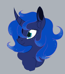 Size: 700x800 | Tagged: safe, artist:puddingskinmcgee, character:princess luna, species:alicorn, species:pony, alternate hairstyle, bust, curved horn, female, gray background, horn, mare, portrait, simple background, solo