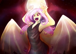 Size: 3507x2480 | Tagged: safe, artist:mantarwolf, character:flutterbat, character:fluttershy, species:anthro, species:bat pony, episode:scare master, g4, my little pony: friendship is magic, armpits, bat ponified, big wings, blood moon, clothing, female, moon, night, nightmare night, open mouth, race swap, solo, stars, wings