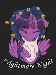 Size: 1536x2048 | Tagged: safe, artist:qzygugu, character:twilight sparkle, character:twilight sparkle (alicorn), species:alicorn, species:pony, blushing, clothing, costume, eyes closed, female, mare, nightmare night, nightmare night costume, solo, star swirl the bearded costume