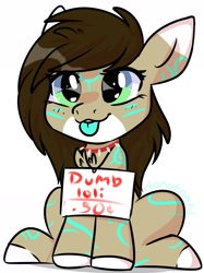 Size: 1776x2376 | Tagged: safe, artist:donutnerd, oc, oc:rune, species:pony, cel shading, chest fluff, dumb, ears, female, for sale, hooves, humor, mare, shaming, sign, sitting, slave, smug, solo, tongue out, young