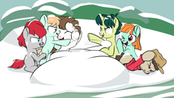 Size: 1920x1080 | Tagged: safe, artist:foal, character:green sprout, character:peach fuzz, character:super funk, character:train tracks, species:pony, background pony, colt, female, filly, ginger green, gnarly burl, male, snow, snowball, snowball fight