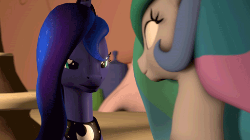 Size: 512x288 | Tagged: safe, artist:psfmer, character:princess celestia, character:princess luna, species:alicorn, species:pony, 3d, abuse, animated, annoyed, eye contact, female, frown, glare, golden oaks library, looking at each other, loop, lunabuse, mare, open mouth, perfect loop, royal sisters, sitting, slapping, smiling, source filmmaker, surprised, unamused, wide eyes