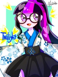 Size: 900x1200 | Tagged: safe, artist:yuyutsuka_0130, character:twilight sparkle, character:twilight sparkle (scitwi), species:eqg human, my little pony:equestria girls, female, glasses, no nose, solo, yukata