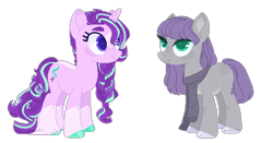 Size: 744x389 | Tagged: safe, artist:m-00nlight, character:maud pie, character:starlight glimmer, species:earth pony, species:pony, species:unicorn, alternate hairstyle, braid, clothing, cloven hooves, colored hooves, female, lesbian, mare, older, scarf, shipping, simple background, starmaud, transparent background