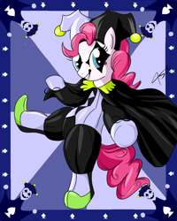 Size: 1000x1250 | Tagged: safe, artist:asajiopie01, character:pinkie pie, species:pony, spoiler:deltarune, clothing, cosplay, costume, deltarune, female, jester, jester pie, jevil, solo, standing, standing on one leg