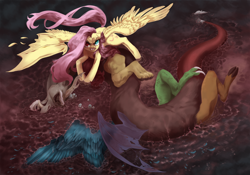 Size: 1268x887 | Tagged: safe, artist:thecuriousfool, character:discord, character:flutterbat, character:fluttershy, species:bat pony, species:draconequus, species:pegasus, species:pony, ship:discoshy, angry, badass, broken horn, crying, description, description is relevant, discobat, fangs, female, flutterbadass, flutterrage, fury, heterochromia, horn, implied blood, male, mama bear, mare, mud, offscreen character, role reversal, shipping, spread wings, story included, straight, tattered wings, tears of pain, tears of rage, this will end in death, this will end in pain, this will end in tears and/or death, transformation, wings, yandere, yandereshy