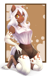 Size: 2655x3922 | Tagged: safe, artist:suelix, oc, oc only, oc:sundae, species:anthro, species:earth pony, species:pony, species:unguligrade anthro, anthro oc, armpits, clothing, solo, white hair