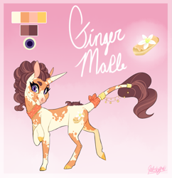 Size: 1069x1103 | Tagged: safe, artist:qatsby, oc, oc:ginger maple, parent:donut joe, parent:saffron masala, species:classical unicorn, species:pony, species:unicorn, cloven hooves, coat markings, color palette, crack ship offspring, female, gradient background, jewelry, leonine tail, mare, offspring, raised hoof, reference sheet, signature, solo, tail jewelry, tail wrap, unshorn fetlocks