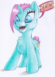 Size: 3216x4496 | Tagged: safe, artist:stallionslaughter, oc, oc only, oc:peppermint flitter, species:pony, colored pencil drawing, solo, suggestive description, traditional art