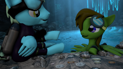Size: 1920x1080 | Tagged: safe, artist:deltathedragon, oc, oc:delta hooves, oc:sea glow, species:pegasus, species:pony, 3d, air tank, cave, cavern, conversation, crystal, diving goggles, diving suit, flirting, french, goggles, implied gay, lake, male, respirator, scuba, scuba gear, source filmmaker, story included, swimming goggles, underground, water