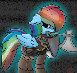 Size: 3080x2920 | Tagged: safe, artist:crimsonsky, character:rainbow dash, species:pegasus, species:pony, axe, clothing, colored, crossover, dark souls, female, mare, mouth hold, shield, solo, weapon