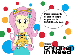 Size: 2337x1700 | Tagged: safe, artist:equestriaguy637, character:fluttershy, g4, my little pony: equestria girls, my little pony:equestria girls, bbc, bbc children in need, bear ears, charity, clothing, dialogue, dress, female, hairclip, headband, holding, irl, looking at you, photo, plushie, polka dots, pudsey bear, skirt, smiling, speech bubble, talking, talking to viewer, text