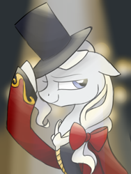 Size: 3024x4032 | Tagged: safe, artist:herfaithfulstudent, oc, oc only, oc:day dreamer, species:pony, bow, clothing, hat, solo, the greatest showman, top hat