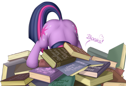 Size: 2777x1897 | Tagged: safe, artist:awalex, character:twilight sparkle, character:twilight sparkle (unicorn), species:pony, species:unicorn, adorkable, ass up, book, bookhorse, both cutie marks, cute, dimples of venus, dock, dork, face down ass up, female, heart, mare, pile of books, plot, simple background, solo, that pony sure does love books, transparent background, twibutt