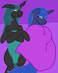 Size: 1600x2000 | Tagged: safe, artist:krumpcakes, character:princess luna, character:queen chrysalis, ship:chrysaluna, bed, bed mane, female, lesbian, shipping