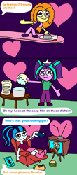 Size: 1423x3240 | Tagged: safe, artist:blackrhinoranger, character:adagio dazzle, character:aria blaze, character:sonata dusk, my little pony:equestria girls, animatronic, burger, chair, clothing, comic, dazzle-eds, dialogue, dishes, doll, ed edd n eddy, food, hamburger, heart, honor thy ed, iron, leni loud, shirt, skirt, sock, sonataco, speech bubble, spider-man, t-shirt, table, taco, television, the dazzlings, the incredibles, the loud house, toy