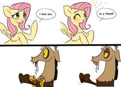 Size: 1400x1000 | Tagged: safe, artist:dilandau203, character:discord, character:fluttershy, species:draconequus, species:pegasus, species:pony, ship:discoshy, bait and switch, blushing, comic, dialogue, disappointed, female, floppy ears, friendzone, happy, heart pounding, heartbreak, love, male, mare, one sided shipping, raised hoof, shipping, shipping denied, simple background, smiling, speech bubble, spread wings, straight, white background, wings