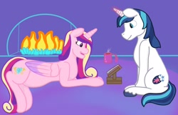 Size: 2100x1350 | Tagged: safe, artist:krumpcakes, character:princess cadance, character:shining armor, species:alicorn, species:pony, species:unicorn, and that's how flurry heart was made, book, female, fireplace, husband and wife, magic, male, mare, married couple, pregnant, stallion, telekinesis