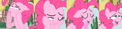Size: 1577x370 | Tagged: safe, artist:thex-plotion, character:pinkie pie, species:earth pony, species:pony, ahegao, bedroom eyes, blushing, comic, creamy creamy frosting, cropped, eyes closed, female, floppy ears, funny face, grin, lip bite, mare, nut, one eye closed, open mouth, silly face, smiling, tongue out, wink