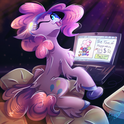 Size: 3000x3000 | Tagged: safe, artist:alexbluebird, character:pinkie pie, species:earth pony, species:pony, blep, colored hooves, computer, cute, female, headphones, laptop computer, silly, solo, tongue out