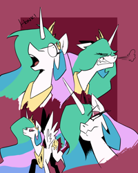 Size: 800x1000 | Tagged: safe, artist:tigerdehavilland, character:princess celestia, species:alicorn, species:pony, abstract background, angry, derp, eyes closed, eyeshadow, fangs, female, frown, glare, gritted teeth, honk, lidded eyes, looking back, looking up, majestic as fuck, makeup, mare, open mouth, smiling, snorting, solo, spread wings, swanlestia, unamused, wavy mouth, wide eyes, wings