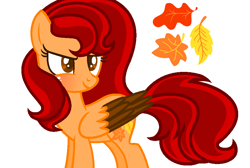 Size: 888x596 | Tagged: safe, artist:mlpfan2017, base used, oc, oc only, oc:autum blaze, species:pegasus, species:pony, blushing, colored wings, fall pony, fall themed, female, leaves, long mane, ms paint, multicolored hair, multicolored wings, red mane, red tail, short tail, show accurate, simple background, solo, striped mane, striped tail