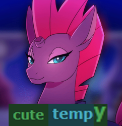 Size: 522x540 | Tagged: safe, artist:renciel, edit, character:tempest shadow, species:pony, species:unicorn, derpibooru, my little pony: the movie (2017), armor, broken horn, caption, cropped, cute, expand dong, exploitable meme, eye scar, female, horn, image macro, looking at you, mare, meta, scar, smiling, solo, tags, tempestbetes, tempy, text, when she smiles