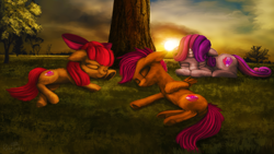 Size: 3840x2160 | Tagged: safe, artist:robsa990, character:apple bloom, character:scootaloo, character:sweetie belle, species:earth pony, species:pegasus, species:pony, species:unicorn, cmc day, cutie mark crusaders, eyes closed, female, filly, grass field, sleeping, sunset, tree, underhoof