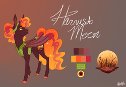 Size: 1538x1067 | Tagged: safe, artist:qatsby, oc, oc only, oc:harvest moon, parent:applejack, parent:princess luna, parents:lunajack, species:alicorn, species:bat pony, species:pony, alicorn oc, bat pony alicorn, bow, clothing, cloven hooves, color palette, colored hooves, ethereal mane, female, galaxy mane, gradient background, magical lesbian spawn, mare, offspring, reference sheet, signature, solo, tail bow, vest