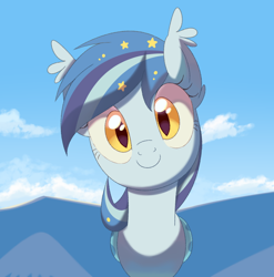 Size: 810x819 | Tagged: safe, artist:owlity, oc, oc:star struck, species:bat pony, cloud, cute, looking at you, smiling, solo