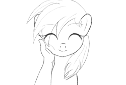 Size: 1602x1080 | Tagged: safe, artist:crimsonsky, character:rainbow dash, species:human, species:pony, /mlp/, cute, female, first person view, generic pony, hand, happy, holding, mare, monochrome, offscreen character, perspective, pov, sketch
