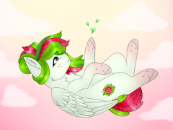 Size: 4000x3000 | Tagged: safe, artist:doux-ameri, oc, oc only, oc:watermelana, species:pegasus, species:pony, cloud, female, flying, freckles, gradient hooves, leaf, mare, sky, solo