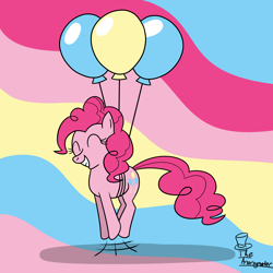 Size: 5000x5000 | Tagged: safe, artist:noidavaliable, character:pinkie pie, species:earth pony, species:pony, abstract background, absurd resolution, balloon, female, floating, hopping, jumping, pronking, smiling, solo, then watch her balloons lift her up to the sky