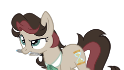 Size: 1280x720 | Tagged: safe, artist:herfaithfulstudent, oc, oc only, oc:corellia, parent:doctor whooves, parent:roseluck, parents:doctorrose, species:earth pony, species:pony, bow tie, female, mare, mouth hold, next generation, offspring, simple background, solo, sonic screwdriver, transparent background, vector