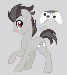 Size: 800x900 | Tagged: safe, artist:lullabyprince, artist:palerose522, oc, oc only, oc:keith (ice1517), parent:button mash, parent:rumble, parents:rumblemash, species:earth pony, species:pony, icey-verse, gray background, magical gay spawn, male, next generation, offspring, open mouth, raised hoof, simple background, solo, stallion