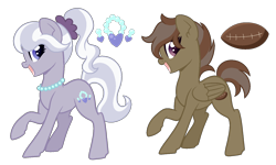 Size: 1500x900 | Tagged: safe, artist:lullabyprince, artist:palerose522, oc, oc only, oc:hat-tick, oc:shiny pearls, parent:button mash, parent:diamond tiara, parent:rumble, parent:silver spoon, parents:rumblemash, parents:silvertiara, species:earth pony, species:pegasus, species:pony, icey-verse, duo, female, jewelry, lesbian, magical gay spawn, magical lesbian spawn, mare, necklace, next generation, oc x oc, offspring, open mouth, pearl necklace, ponytail, raised hoof, scrunchie, shipping, simple background, transparent background