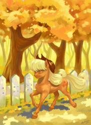 Size: 794x1096 | Tagged: safe, artist:skyaircobra, character:applejack, species:earth pony, species:pony, autumn, clothing, colored hooves, cowboy hat, eyes closed, female, fence, hat, mare, smiling, solo, tree, trotting