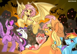 Size: 1300x914 | Tagged: safe, artist:seamaggie, character:applejack, character:flutterbat, character:fluttershy, character:pinkie pie, character:rainbow dash, character:rarity, character:twilight sparkle, character:twilight sparkle (alicorn), species:alicorn, species:bat pony, species:earth pony, species:pegasus, species:pony, species:unicorn, episode:bats!, g4, my little pony: friendship is magic, bat ponified, mane six, race swap