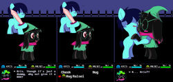 Size: 3845x1834 | Tagged: safe, artist:foal, species:pony, spoiler:deltarune, ambiguous gender, blushing, clothing, colt, crossover, deltarune, fluffy boi, glasses, hat, hug, kris, male, ralsei, robe, scarf, sword, weapon, wizard hat