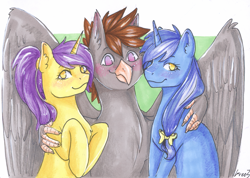 Size: 1407x1000 | Tagged: safe, artist:gree3, oc, oc:glacandra, oc:luxor, oc:tulipan, species:hippogriff, species:pony, species:unicorn, blushing, hippogriffied, looking at you, luxorian trio, side hug, species swap, traditional art, unicorn oc