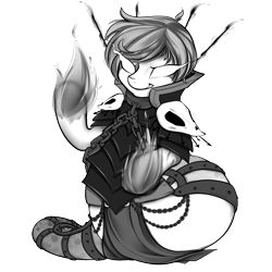 Size: 1024x1024 | Tagged: safe, artist:omgproductions, oc, oc only, species:lamia, black and white, buck legacy, card art, chains, fire, grayscale, grin, male, monochrome, original species, pyromancer, pyromancy, simple background, skull, smiling, solo, transparent background